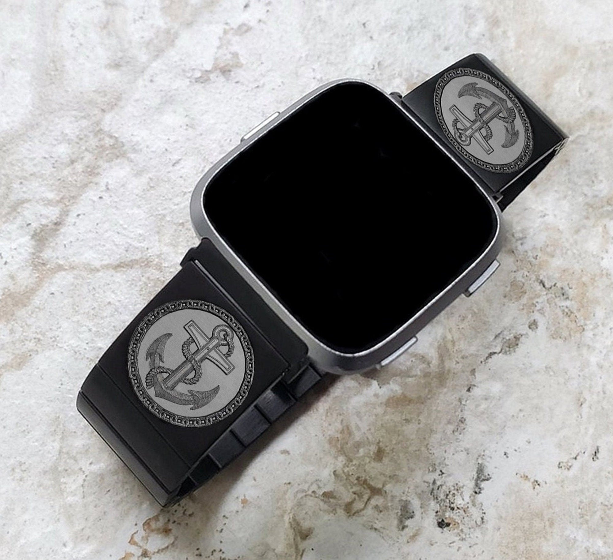 Engraved Watch Band Compatible with Fitbit Versa Lite 2 3 4 and Sense 2 Smartwatches Black Color Stainless Steel Bracelet Strap AN1